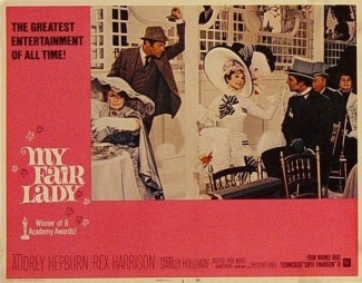 A lobby card of Higgins and Eliza at Ascot