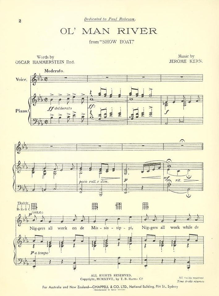 sheet music to "Ol' Man River" showing original lyrics